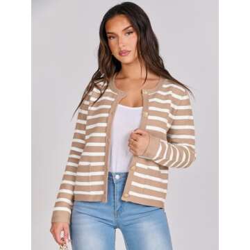 ANRABESS Women Striped Cardigan Sweaters Button Down Cropped Knit Lady Jackets Coat 2025 Fall Outfits Spring Trendy Clothes Apricot and White Medium