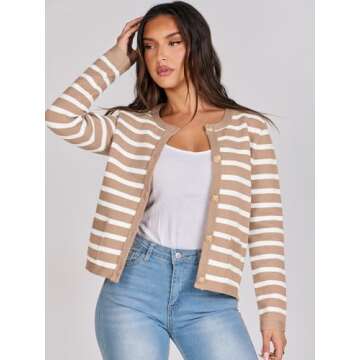 ANRABESS Women Striped Cardigan Sweaters Button Down Cropped Knit Lady Jackets Coat 2025 Fall Outfits Spring Trendy Clothes Apricot and White Medium