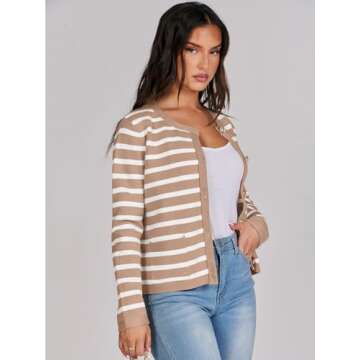 ANRABESS Women Striped Cardigan Sweaters Button Down Cropped Knit Lady Jackets Coat 2025 Fall Outfits Spring Trendy Clothes Apricot and White Medium