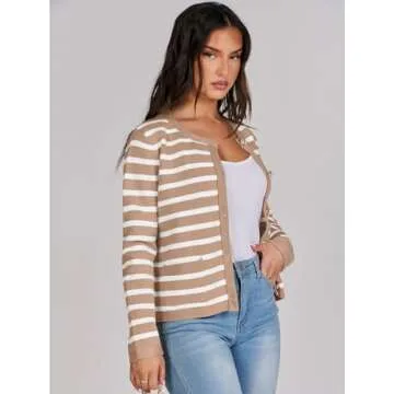ANRABESS Women Striped Cardigan Sweaters Button Down Cropped Knit Lady Jackets Coat 2025 Fall Outfits Spring Trendy Clothes Apricot and White Medium
