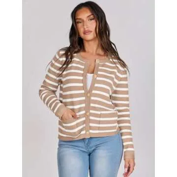 ANRABESS Women Striped Cardigan Sweaters Button Down Cropped Knit Lady Jackets Coat 2025 Fall Outfits Spring Trendy Clothes Apricot and White Medium