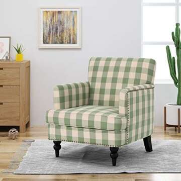 GDFStudio Tufted Fabric Club Chair, Green Checkerboard