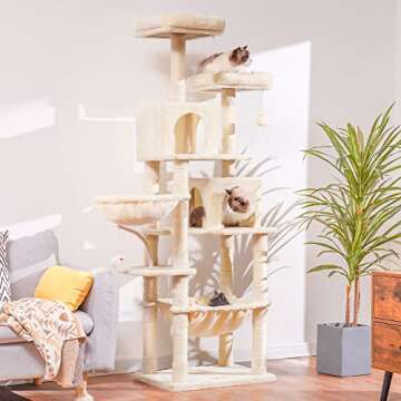 Heybly Cat Tree, 70 inches Tall Cat Tower condo with Toy for Indoor Large Cats, Cat House Furniture with Padded Plush Perch, Cozy Hammock and Sisal Scratching Posts,Beige HCT032M