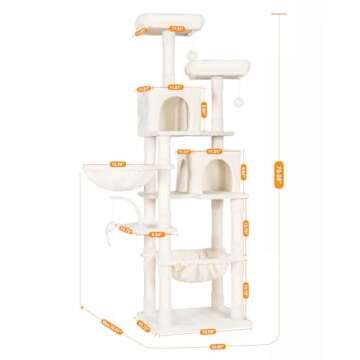 Heybly Cat Tree, 70 inches Tall Cat Tower condo with Toy for Indoor Large Cats, Cat House Furniture with Padded Plush Perch, Cozy Hammock and Sisal Scratching Posts,Beige HCT032M