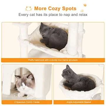 Heybly Cat Tree, 70 inches Tall Cat Tower condo with Toy for Indoor Large Cats, Cat House Furniture with Padded Plush Perch, Cozy Hammock and Sisal Scratching Posts,Beige HCT032M