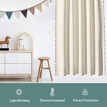 LORDTEX Multi Color Pom Pom Curtains for Kids Room - Thermal Insulated Curtains Noise Reducing Light Blocking Rod Pocket Window Drapes for Boys and Girls Bedroom, 52x63 inch, Vanilla, 2 Panels