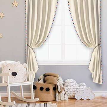 LORDTEX Multi Color Pom Pom Curtains for Kids Room - Thermal Insulated Curtains Noise Reducing Light Blocking Rod Pocket Window Drapes for Boys and Girls Bedroom, 52x63 inch, Vanilla, 2 Panels