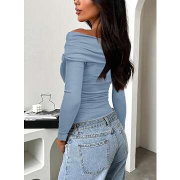 Darong Off Shoulder Tops for Women - Sexy Long Sleeve Blouse in Grey Blue