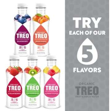 Treo Fruit & Birch Water Drink, Variety Pack, USDA Organic, Non-GMO Project Verified, Vegan, Gluten-Free, 10 Calories & 1g of Sugar Per Serving, 16 fl oz, Pack of 12