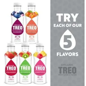 Treo Fruit & Birch Water Drink, Variety Pack, USDA Organic, Non-GMO Project Verified, Vegan, Gluten-Free, 10 Calories & 1g of Sugar Per Serving, 16 fl oz, Pack of 12