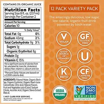 Treo Fruit & Birch Water Drink, Variety Pack, USDA Organic, Non-GMO Project Verified, Vegan, Gluten-Free, 10 Calories & 1g of Sugar Per Serving, 16 fl oz, Pack of 12
