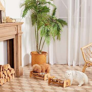 X-ZONE PET Elevated Dog Bowls for Cats and Dogs, Adjustable Bamboo Raised Dog Bowls for Small Dog, Food and Water Set Stand Feeder with 2 Stainless Steel Bowls and Anti Slip Feet (Height 4" to 4.5")