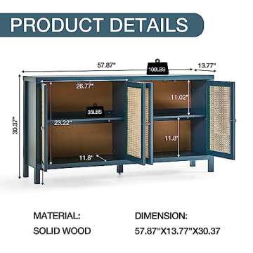 RARZOE Rattan Sideboard Buffer Cabinet,Accent Storage Cabinet with 4 Rattan Doors, Modern Storage Cupboard Console Table with Adjustable Shelves for Kitchen, Living Room, Hallway, Entryway, Blue