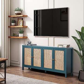 RARZOE Rattan Sideboard Buffer Cabinet,Accent Storage Cabinet with 4 Rattan Doors, Modern Storage Cupboard Console Table with Adjustable Shelves for Kitchen, Living Room, Hallway, Entryway, Blue