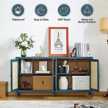 RARZOE Rattan Sideboard Buffer Cabinet,Accent Storage Cabinet with 4 Rattan Doors, Modern Storage Cupboard Console Table with Adjustable Shelves for Kitchen, Living Room, Hallway, Entryway, Blue