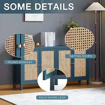 RARZOE Rattan Sideboard Buffer Cabinet,Accent Storage Cabinet with 4 Rattan Doors, Modern Storage Cupboard Console Table with Adjustable Shelves for Kitchen, Living Room, Hallway, Entryway, Blue