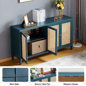 RARZOE Rattan Sideboard Buffer Cabinet,Accent Storage Cabinet with 4 Rattan Doors, Modern Storage Cupboard Console Table with Adjustable Shelves for Kitchen, Living Room, Hallway, Entryway, Blue