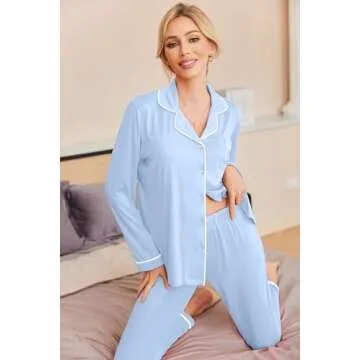 Ekouaer Pajamas Women's Long Sleeve Sleepwear Soft Button Down Loungewear Pjs Lounge Set Nightwear,Blue,Medium