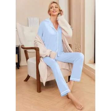 Ekouaer Pajamas Women's Long Sleeve Sleepwear Soft Button Down Loungewear Pjs Lounge Set Nightwear,Blue,Medium