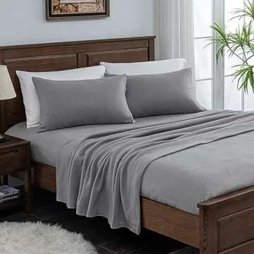 Softan Fleece Queen Sheets Set 4-Piece Microfleece Bed Sets with 15" Deep Pocket Fitted Sheet, Fuzzy Velvet Sheets for Queen Size Bed，Light Grey