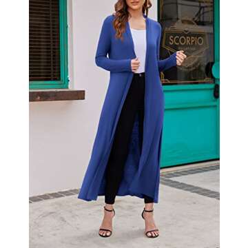 Bluetime Women Floor Length Open Front Cardigan Lightweight Long Sleeve Maxi Duster with Pockets (XL, Royal Blue)