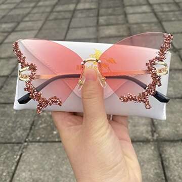 Luxury Diamond Butterfly Sunglasses Women Vintage Rimless Oversized Rhinestone bling Sun Glasses LadiesY2K Eyewear (pink)