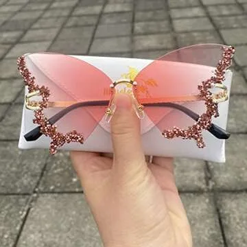 Luxury Diamond Butterfly Sunglasses Women Vintage Rimless Oversized Rhinestone bling Sun Glasses LadiesY2K Eyewear (pink)