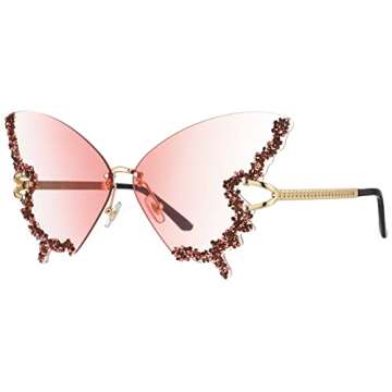 Luxury Diamond Butterfly Sunglasses Women Vintage Rimless Oversized Rhinestone bling Sun Glasses LadiesY2K Eyewear (pink)