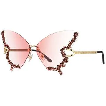 Luxury Diamond Butterfly Sunglasses Women Vintage Rimless Oversized Rhinestone bling Sun Glasses LadiesY2K Eyewear (pink)