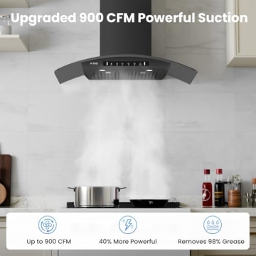 Black Tempered Glass 30 Inch Wall Mounted Range Hood, 900 CFM Stainless Steel Kitchen Range Hood wit...