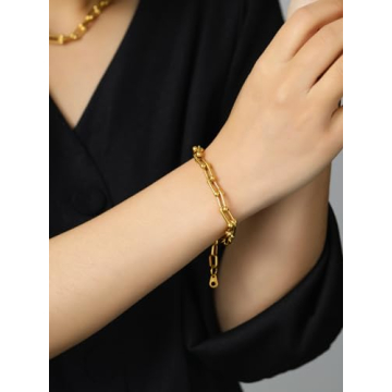 KeyStyle Gold Paperclip Chain Bracelet for Women, Adjustable