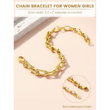 KeyStyle Gold Paperclip Chain Bracelet for Women, Adjustable