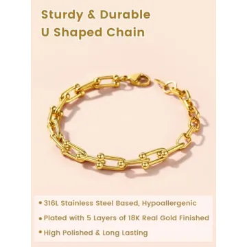 KeyStyle Gold Paperclip Chain Bracelet for Women, Adjustable