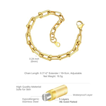 KeyStyle Gold Paperclip Chain Bracelet for Women, Adjustable
