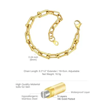KeyStyle Gold Paperclip Chain Bracelet for Women, Adjustable