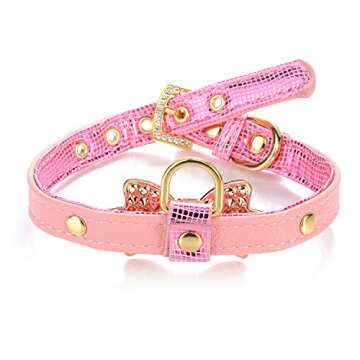 LOVPE Gold Bling Diamond Giltter Leather Fashion Collar with Ring for Tags for Small Dogs,Cat,Puppy and Kitty Walking Travel Party Gifts Tedd, Poodle Dog,Bulldog and Yorkshire Terrier (S, Pink)