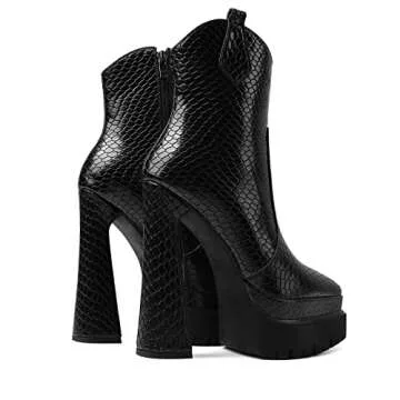 Uacllcau Platform Ankle Boots for Women High Heel Booties Pointed Toe Side Zip Platform Boots Pull Tab Western Boot