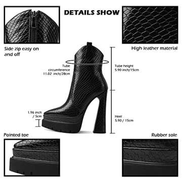 Uacllcau Platform Ankle Boots for Women High Heel Booties Pointed Toe Side Zip Platform Boots Pull Tab Western Boot