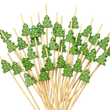 100 pcs Christmas Cocktail Picks Xmas Tree Party Picks Appetizer Picks Wooden Bamboo Toothpicks Skew...