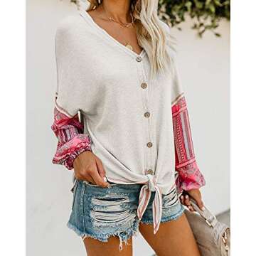 Valphsio Womens Boho Long Sleeve Henley Shirt V Neck Front Tie Button Down Patchwork Blouse Tops
