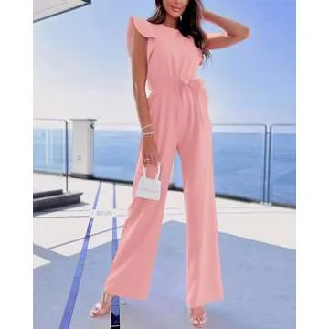 BTFBM Women Jumpsuits Crew Neck Ruffle Cap Sleeve Belted High Waist Wide Leg Romper with Pockets One Piece Casual Outfits(Solid Pink, Medium)
