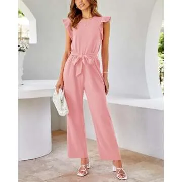 BTFBM Women Jumpsuits Crew Neck Ruffle Cap Sleeve Belted High Waist Wide Leg Romper with Pockets One Piece Casual Outfits(Solid Pink, Medium)