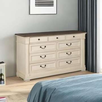 Signature Design by Ashley Bolanburg Farmhouse 9 Drawer Dresser with Dovetail Construction, Antique White, Weathered Gray