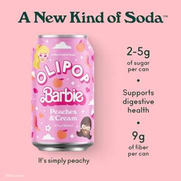 OLIPOP Barbie Prebiotic Soda, Peaches & Cream, Prebiotics, Botanicals, Plant Fiber, 12 fl oz (12 Cans)