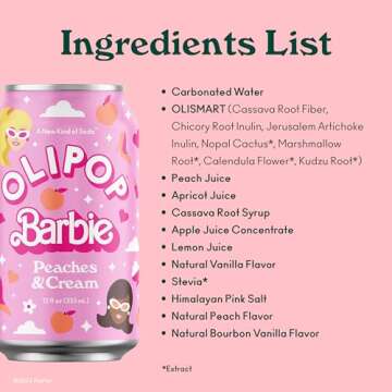 OLIPOP Barbie Prebiotic Soda, Peaches & Cream, Prebiotics, Botanicals, Plant Fiber, 12 fl oz (12 Cans)