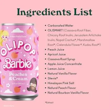 OLIPOP Barbie Prebiotic Soda, Peaches & Cream, Prebiotics, Botanicals, Plant Fiber, 12 fl oz (12 Cans)
