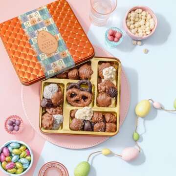 Easter Chocolate Gift Basket, Food Gifts Arrangement Platter, Gourmet Candy Snack Box, Prime Delivery Idea, Him & Her, Men Women Kids Families- Bonnie & Pop