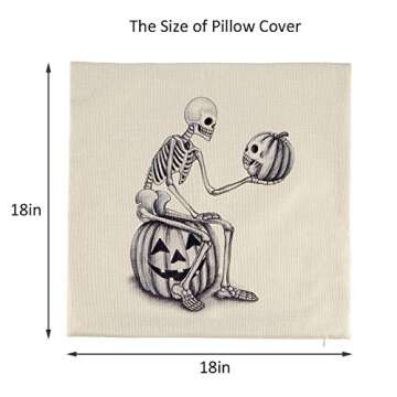 4 Pack Halloween Skull Pillow Covers, Skull and Pumpkin Throw Pillowcase Skeleton Cotton Linen Pillow Cushion Cover for Halloween Home Car Sofa Bedding Couch Decor, 18 x 18 Inch