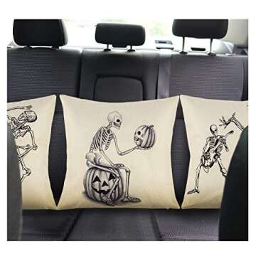 4 Pack Halloween Skull Pillow Covers, Skull and Pumpkin Throw Pillowcase Skeleton Cotton Linen Pillow Cushion Cover for Halloween Home Car Sofa Bedding Couch Decor, 18 x 18 Inch