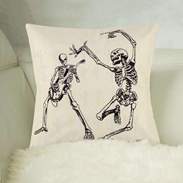 4 Pack Halloween Skull Pillow Covers, Skull and Pumpkin Throw Pillowcase Skeleton Cotton Linen Pillow Cushion Cover for Halloween Home Car Sofa Bedding Couch Decor, 18 x 18 Inch
